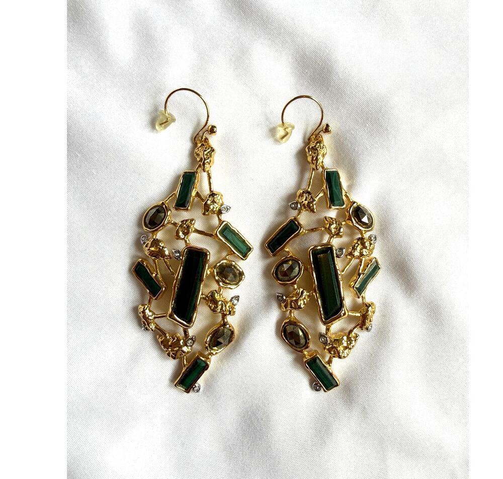 Alexis Bittar Brut Cluster Large Drop Dangle Earrings Gold Green Malachite